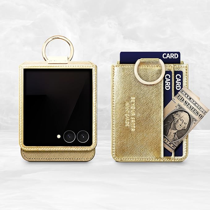 [BeYourSanta] Galaxy Z Flip 7 Case with Ring - Avant-Garde Handmade Saffiano Vegan Leather Case, Anti-Scratch Hinge Protection, Made in Korea (3 Pockets, Fortuna Gold)