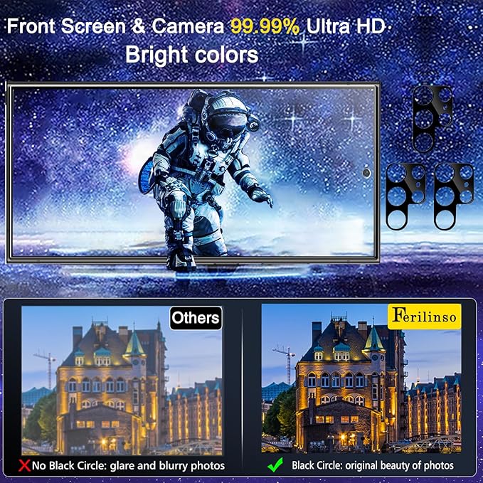 Ferilinso 3 Pack Screen Protector for Samsung Galaxy S24 Ultra with 3 Pack Tempered Glass Camera Lens Protector Phone Case Friendly Accessories Protector de Pantalla for Samsung S24 Ultra 6.8 INCH