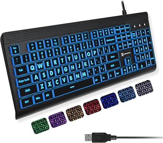X9 Large Print Backlit Computer Keyboard - Easy to See Big Letters - Lighted USB Wired Keyboard with 7-Colors Backlight LED, Full Size Oversized Light Up Keyboard for Windows, PC, Laptop, Desktop