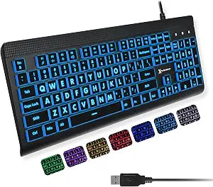 X9 Large Print Backlit Computer Keyboard - Easy to See Big Letters - Lighted USB Wired Keyboard with 7-Colors Backlight LED, Full Size Oversized Light Up Keyboard for Windows, PC, Laptop, Desktop