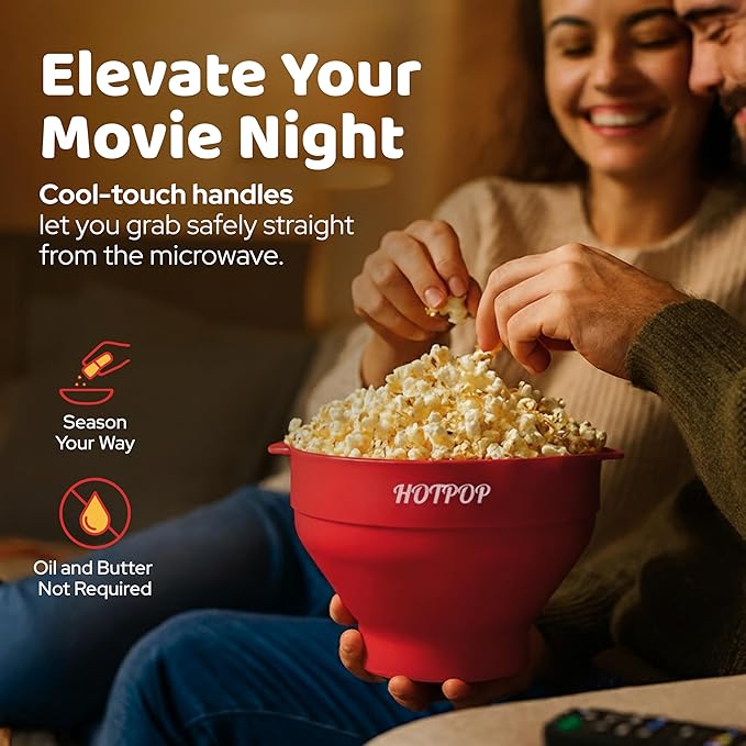 The Original HotPop Silicone Popcorn Maker - Microwave Popcorn Popper - Collapsible Bowl, Heat-Resistant, Easy to Clean, Ideal for Family Movie Nights, 15-Cup Capacity - Cherry