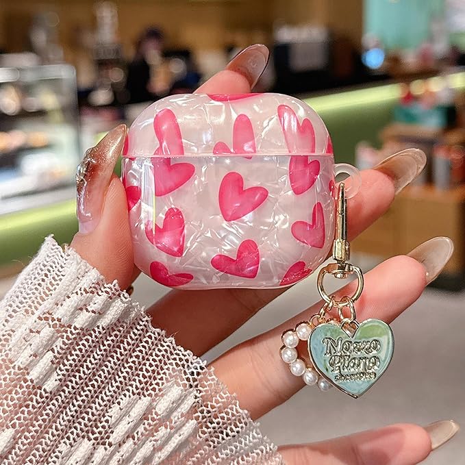 for Airpod 4 Case Cute Romantic Love Shell Pearl Protective Cover with Keychain Compatible with Airpods 4th Generation Case 2024 for Girls Women (Hot Pink Hearts)