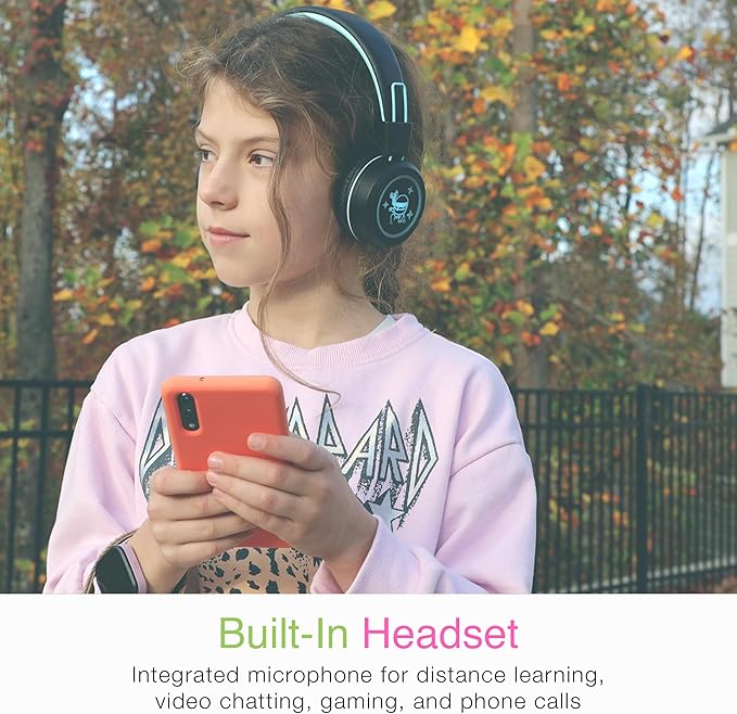 MEE audio KidJamz KJ55BT Personalized Bluetooth Wireless Safe Listening Headphones for Kids w/Custom LED-Backlit Design, Volume Limiter, Microphone; Kids Headset for School/iPhone/iPad/Tablet (Black)