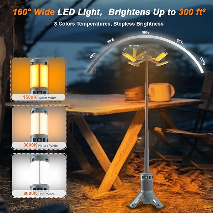 Camping Lights, Rechargeable Telescopic Camping Lights with Stand,12,000mAh Camping Lanterns & Lights with RGB, Magnetic Base, Portable Flashlights for Camping, Hiking, Emergency