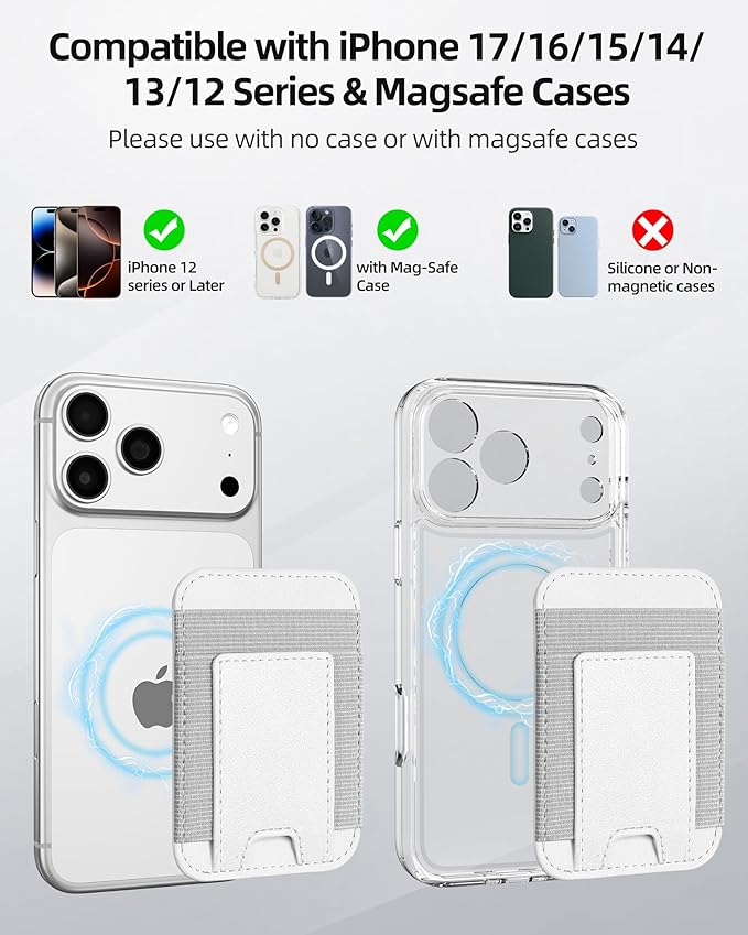 ExtreLife Upgraded for Magsafe Wallet, Strongest Magnetic Wallet for iPhone 17/16/15/14/13/12 Series, for iPhone Magsafe Wallets with 2 Card Slots, RFID Blocking, Vegan Leather, Fit 7 Cards, White