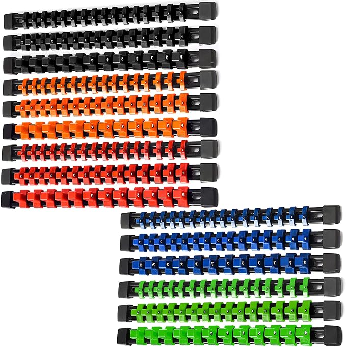 ALOANES 15PC ABS Socket Organizer, Socket Rails Fit 1/2 inch, 3/8 inch and 1/4 inch Drive, Heavy Duty Socket Holders Hold up to 215 Sockets, Black Rails with 5 Color Clips