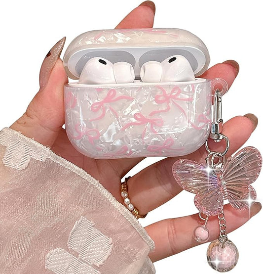 for AirPod Pro 3 Case 2025 Cute Bow Shell Pearl TPU Protective Cover with Butterfly Keychain Compatible with AirPods Pro 3rd Generation Case for Women Girls (Pink Bow)