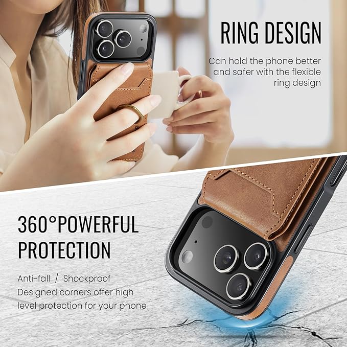 Wallet Case for iPhone 17 Pro, 2 in 1 Strong Magnetic Detachable, Shockproof Phone Case Compatible with MagSafe, Slim Leather Wallet RFID Blocking 5-Card Holder Ring Grip Stand (Brown)