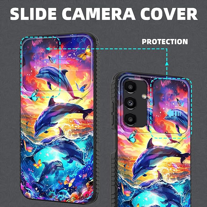 for Galaxy A16 5G Case Built in Slide Camera Lens Cover,Heavy Duty Shockproof Protection Dual Layer Case for Samsung Galaxy A16 5G 6.7" 2024,Dolphins and Butterflies