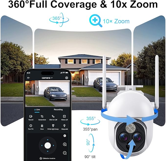 10X Zoom Solar Cameras for Home Security, Dual-Lens WiFi Security Camera Wireless Outdoor, 360 PTZ/PIR Motion Detection/Dual Strobe Light /2-Way Audio
