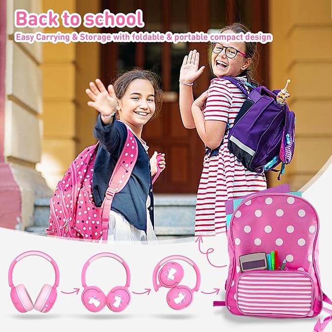 Kids Bluetooth Headphones, Wireless Kids Headphones with 75/85/94dB Volume Limited, Built-in Mic, Unicorn Over-Ear Foldable Childrens Girls Teens Headset for Pad/Tablet/School/Travel
