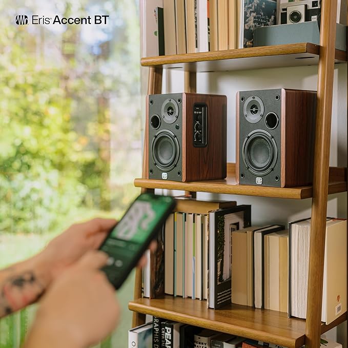 PreSonus Eris Accent BT 60W Powered Bookshelf Bluetooth Speakers – Studio Monitors for Turntable, Home, 4" Woofer, Silk Tweeter, USB-C, Optical, RCA, Coax, Remote, Sub Out, Wired Option, Wood Grain