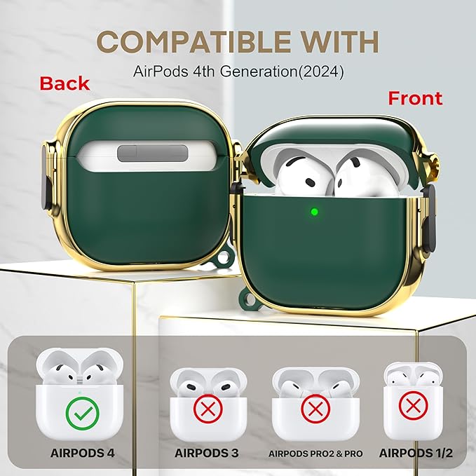 Maxjoy for AirPods 4 Case with Lock, Cute AirPods 4 Case Lock Protective Hard AirPod 4 Generation Cover for Women Men with Keychain Clip for AirPod 4th Generation Cover 2024, Green/Gold