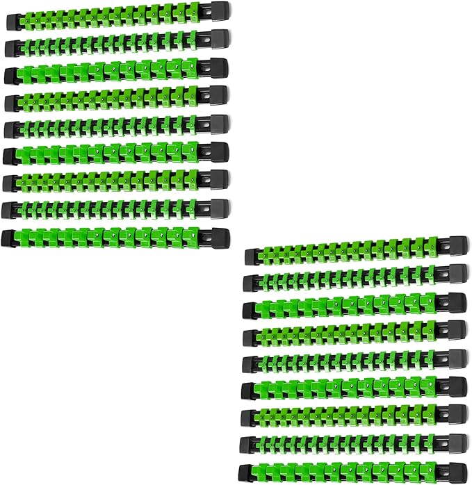 ALOANES 18PC ABS Socket Organizer, Socket Rails Fit 1/2 inch, 3/8 inch and 1/4 inch Drive, toHeavy Duty Socket Holders Hold up to 258 Sockets, Black Rails with Green Clips