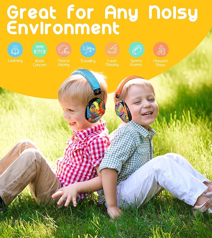 PROHEAR 032 2 Pack Kids Ear Protection, NRR 25dB, Adjustable Headband Safety Earmuffs for Sports Events, Concerts, Airports - Orange & Blue