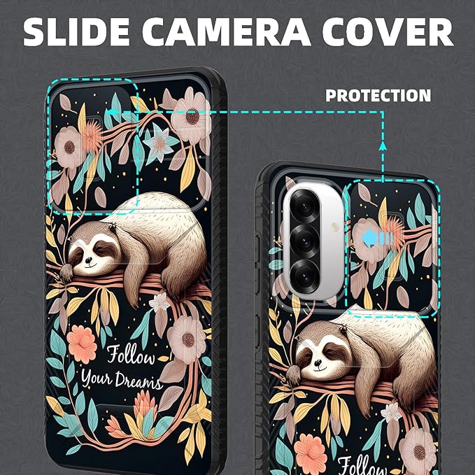for Galaxy A36 5G/A56 5G Case Built in Slide Camera Lens Cover,Heavy Duty Shockproof Protection Dual Layer Case for Samsung Galaxy A36 5G/A56 5G 6.7" 2025,Cute Baby Sloth On The Tree