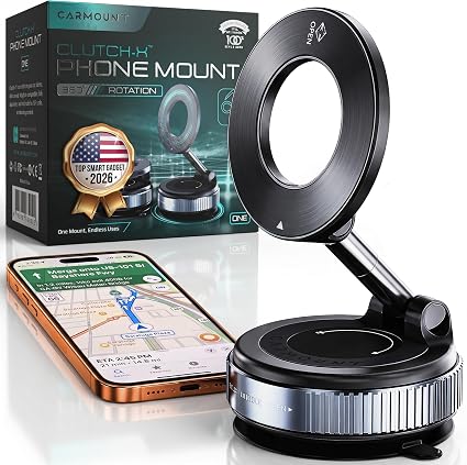 CARMOUNT Clutch-X™ Black – Vacuum Phone Mount Suction Cup Car Phone Holder for iPhone, Window Phone Mount for Travel, 360° Vacuum Magnetic Phone Holder for Car, Magnetic Phone Holder with Suction Cup