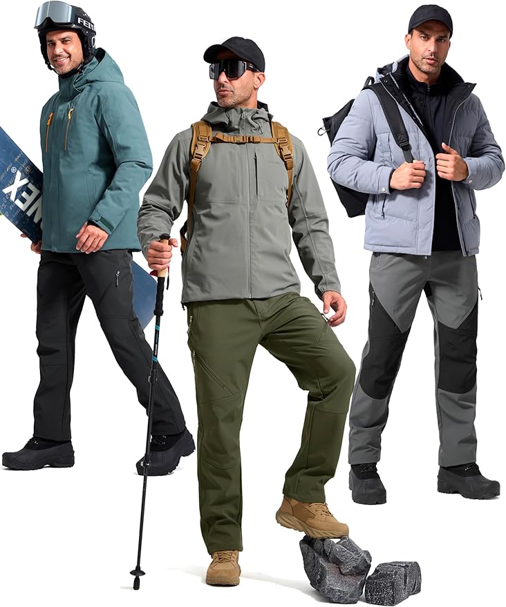 FREE SOLDIER Men's Fleece Lined Outdoor Cargo Hiking Pants Water Repellent Softshell Snow Ski Pants with Zipper Pockets