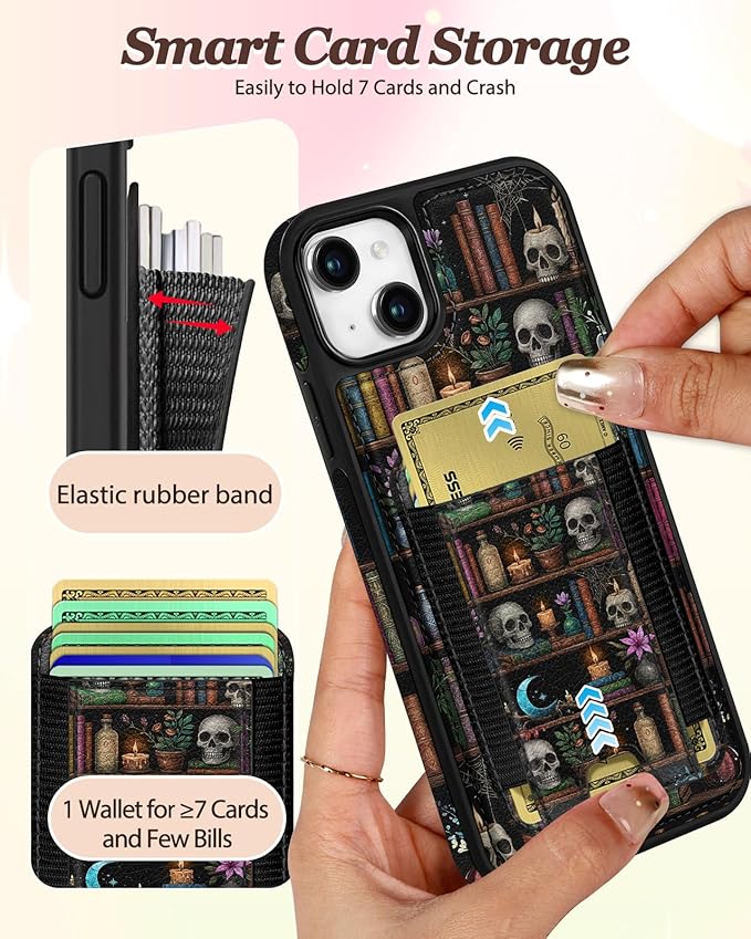 Shorogyt for iPhone 15 Plus Case Wallet - Fits 5 Cards, Compatible with Magsafe Detachable Magnetic Credit Card Holder Leather Cardholder Cute Phone Cover Women Girls for Apple 15Plus, Bookshelf