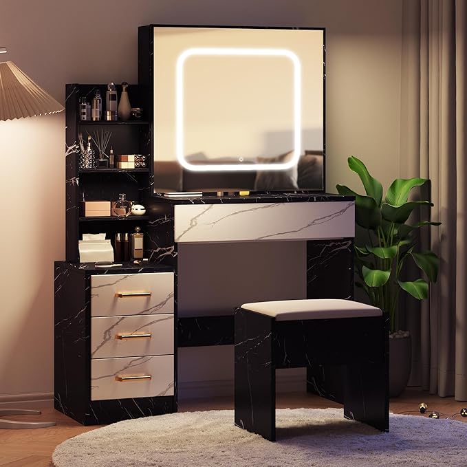 Vanity Desk with Sliding LED Mirror, Makeup Dressing Table with 4 Drawers, Storage Shelves, Power Outlet & Cushioned Stool, Adjustable 3 Lighting Modes, Vanity Set for Bedroom, Marble-Black & White