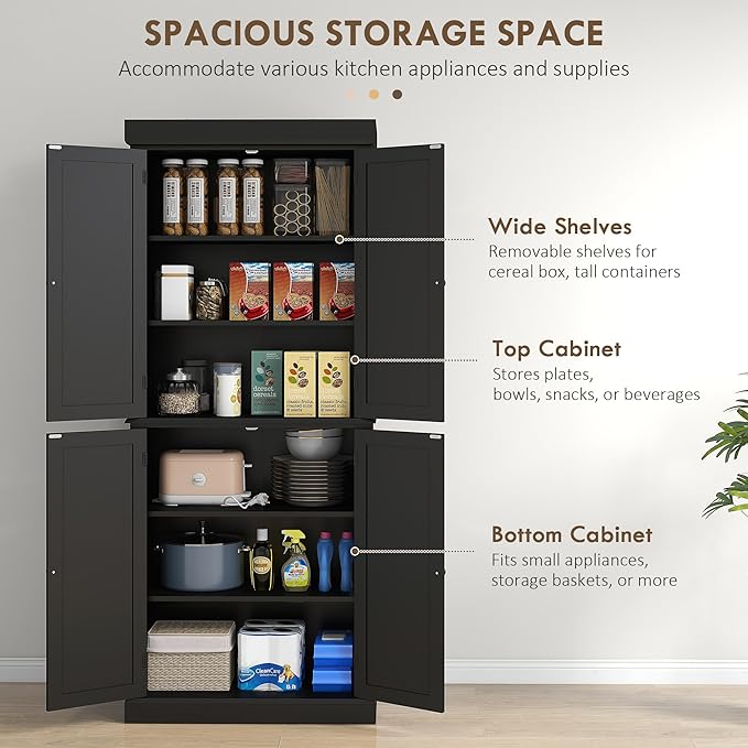 HOMCOM 72.5" Freestanding Kitchen Pantry Cabinet, Tall Storage Cabinet with 4 Doors and 2 Adjustable Shelves for Dining Room, Black