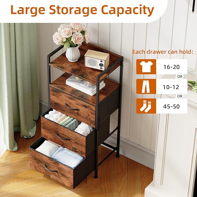 Somdot Nightstand with 3 Drawers, Dresser with Fabric Bins for Bedroom, Hallway, Entryway, Nightstand Bedside Table Furniture, Sturdy Steel Frame, Wooden Top, Easy Pull Fabric Bins, Wood Grain Print