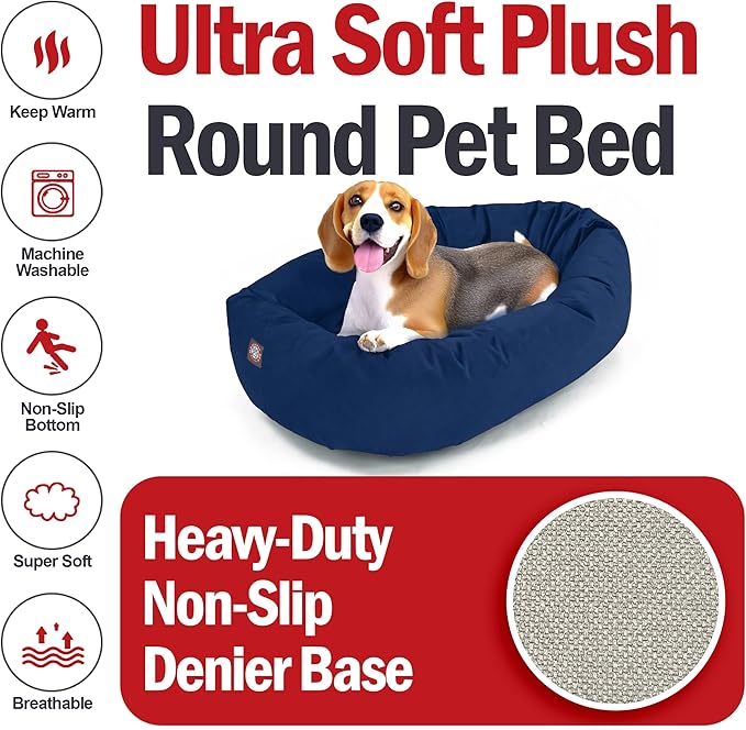 Majestic Pet 32 Inch Suede Calming Dog Bed Washable 32x23x7 (Inch) – Cozy Soft Round Donut Dog Bed with Spine Support for Dogs to Rest Their Head - Pet Bed Medium – Navy (2025)