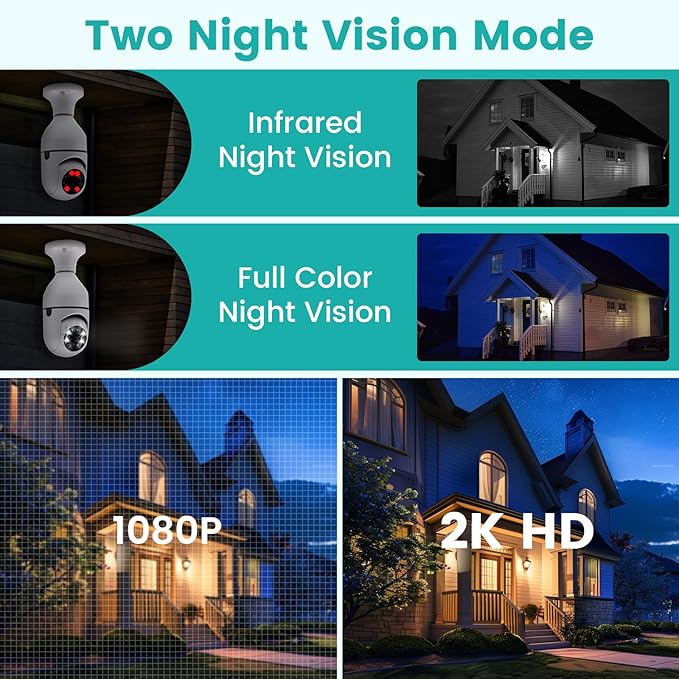 E26 Socket Security Camera - 2K HD WiFi Camera with Night Vision, Motion Detection, Two-Way Audio, Indoor/Outdoor Cameras for Home Security,Support WiFi & 2.4GHz (1PCS)
