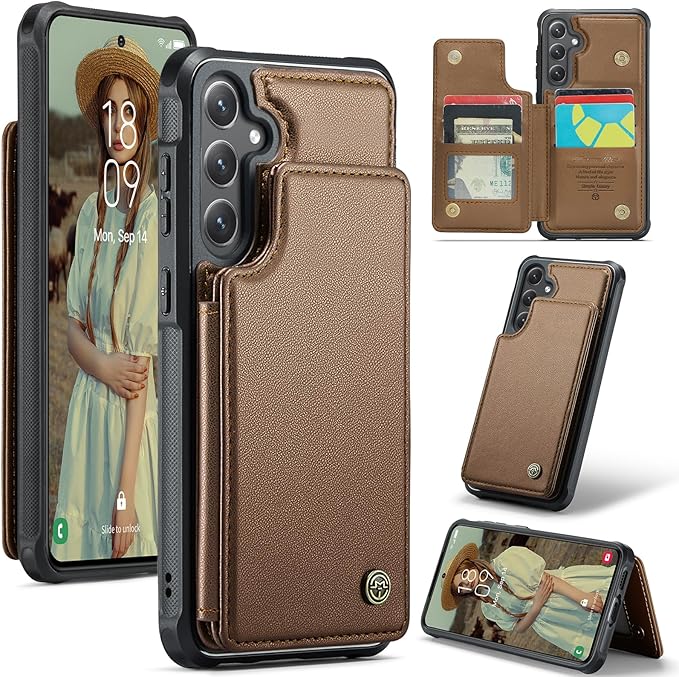 Bemal for Samsung Galaxy S24 FE Wallet Case with Card Holder, RFID Blocking, Shockproof Leather Kickstand for Men and Women, Durable Protective Phone Cover for 6.7", Brown