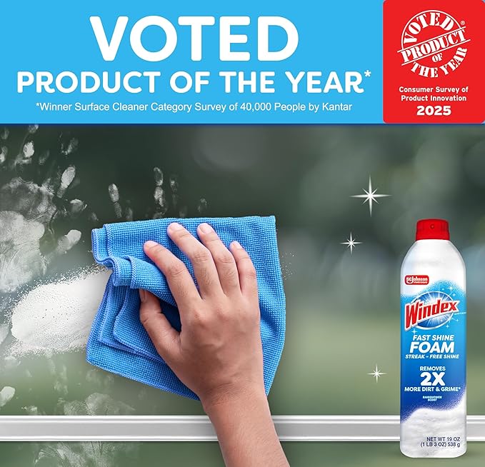 Windex Fast Shine Foam Glass Cleaner Supplies, No-Drip Window & Mirror Aerosol Spray, Streak-Free, Removes Fingerprints, Dust, & Dirt, 19 oz (Pack of 6)