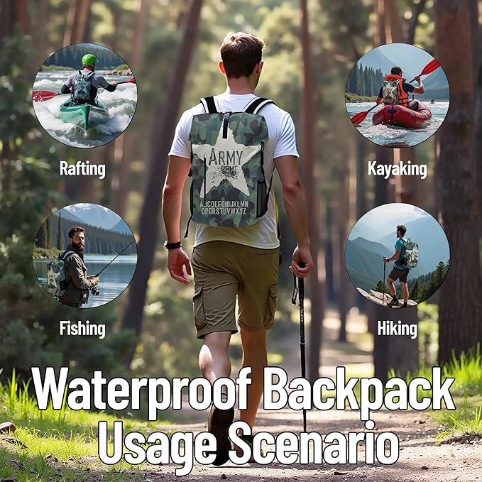 Waterproof Dry Bag Marine Dry Bags for Kayaking Hiking Camouflage Green Backpack Roll-Top Closure Bag - Backpack Waterproof Phone Case 5L