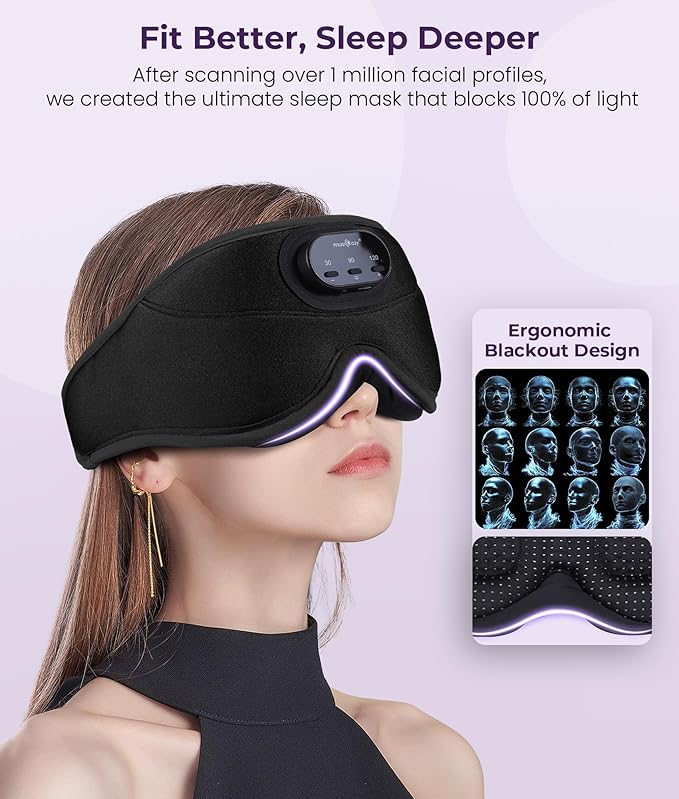 MUSICOZY 3D Bluetooth Sleep Mask with Headphones and Timer, Wireless Sleep Headphones for Side Sleepers, Eye Mask with Bluetooth Headphone, 2 Packs