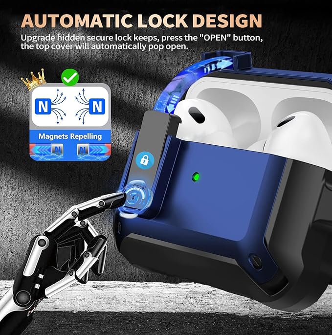 for Airpods Pro 3 Case with Magnetic Automatic Lock, Rugged Apple Airpods Pro 3rd Generation Cover 2025, Armor Shockproof iPod Pro3 Gen Protective Shell with Carabiner&Cleaner kit, Black/Blue