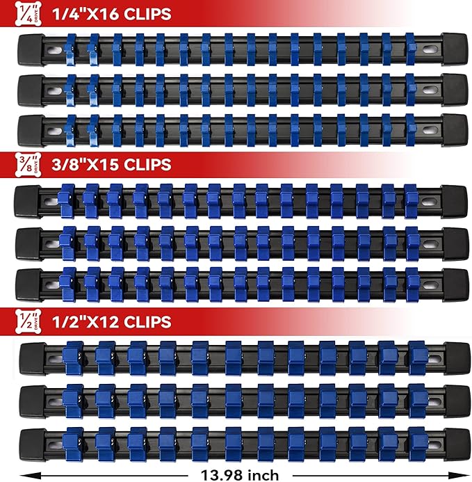 ALOANES 9PC ABS Socket Organizer, Socket Rails Fit 1/2 inch, 3/8 inch and 1/4 inch Drive, Heavy Duty Socket Holders Hold up to 129 Sockets, Black Rails with Blue Clips