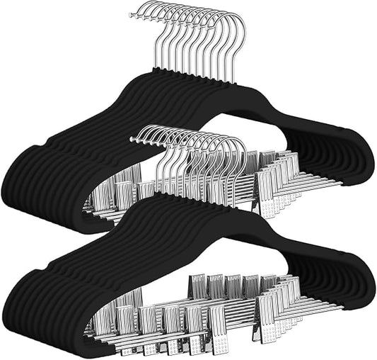 TIMMY Premium Black Velvet Hangers with Clips - 30 Pack Closet Organizers for Jeans, Trousers, Skirts | Rust-Resistant Metal Hooks, Space Saving Design for Wardrobe Storage