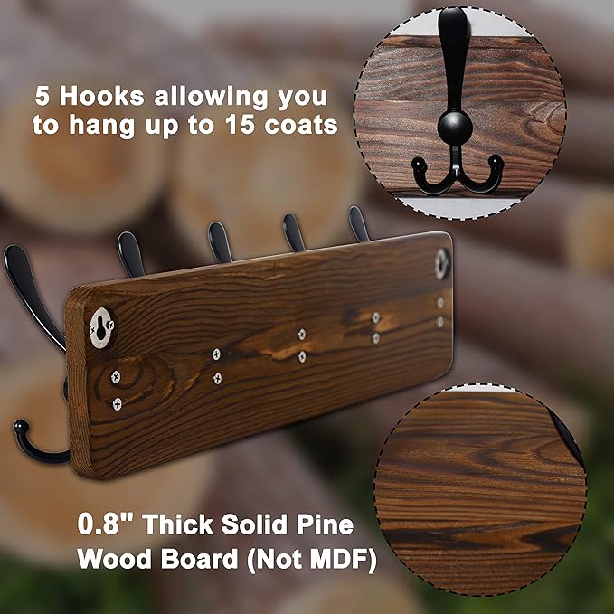 Dseap Coat Rack Wall Mounted - 24" Long 6 Tri Hooks, Heavy Duty Wooden Wall Coat Hanger Coat Hook for Clothes Hat Jacket Clothing, Black