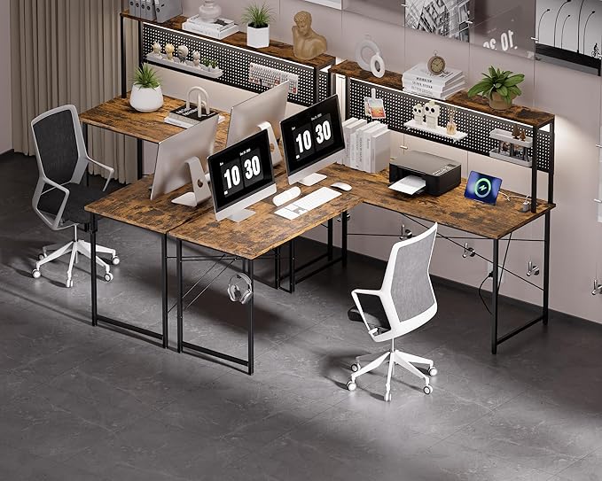 Pamray 60 Inch L Shaped Gaming Desk with LED Lights and Power Outlets Reversible Corner Computer Desk with Pegboard Storage Shelves Home Office Table for Work Study Vintage