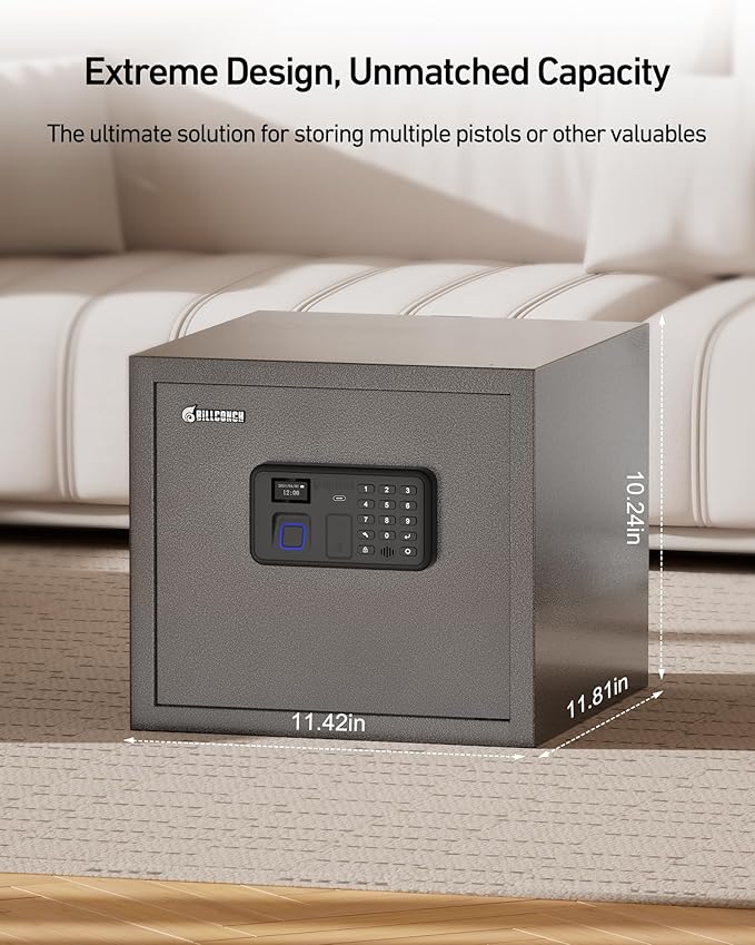 Billconch Smart Gun Safe for Multiple Pistols - Automatic Lock Safe Box with LCD Display/Voice Guide, Quick Access Unlock with Fingerprint/Keypad/Key/App, Biometric Handgun Safe for Money Valuables