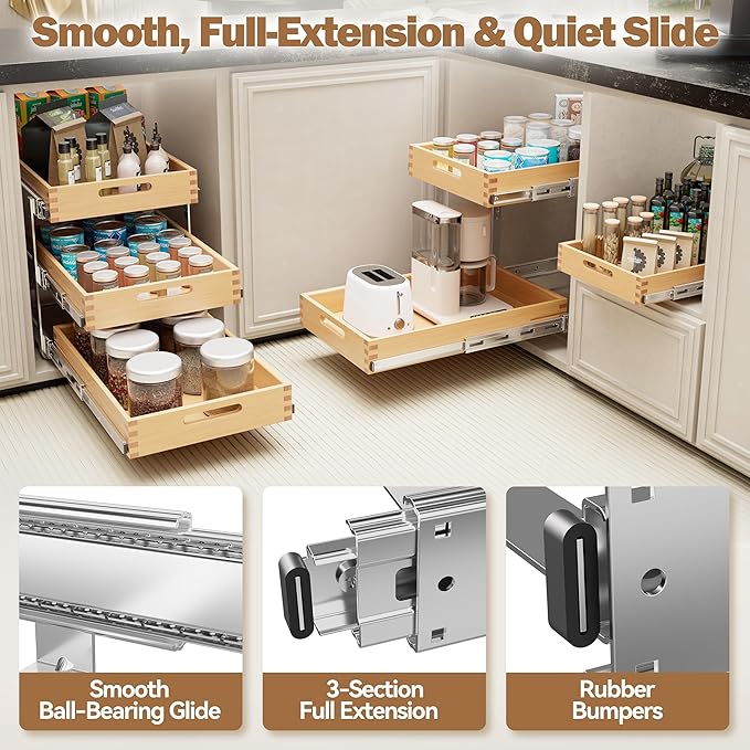 Pull Out Drawers for Cabinets 15"W x 21"D, Heavy-Duty Slide Out Wood Drawer Shelf, Pull Out Cabinet Organizer 100 lbs Capacity, Base Cabinet Organization for Kitchen, Pantry