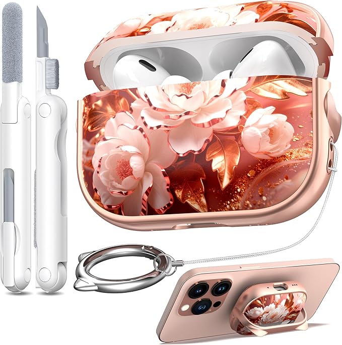 RFUNGUANGO is Compatible with AirPods Pro 3 Protective case, with Mobile Phone Holder Function, Multiple Colors Available, Suitable for AirPods Pro 3 Protective case,Rose Gold + Peonies
