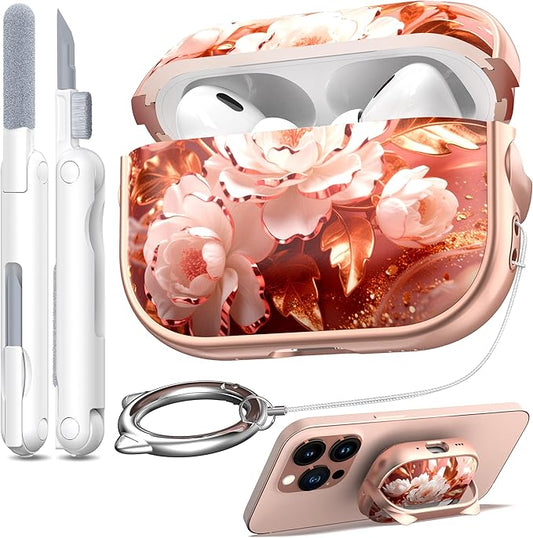 RFUNGUANGO is Compatible with AirPods Pro 3 Protective case, with Mobile Phone Holder Function, Multiple Colors Available, Suitable for AirPods Pro 3 Protective case,Rose Gold + Peonies