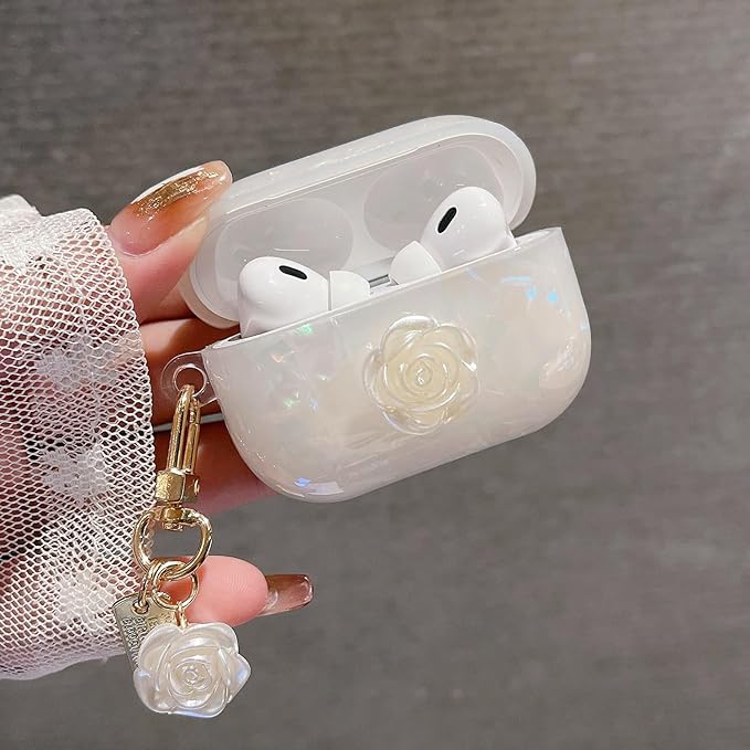 Cute Airpod Pro 2 Case Elegant Flower Luxury Glitter Marble Pearl Protective Cover with Keychain Compatible with AirPods Pro 2nd Generation Case for Girls Women (Rose White)