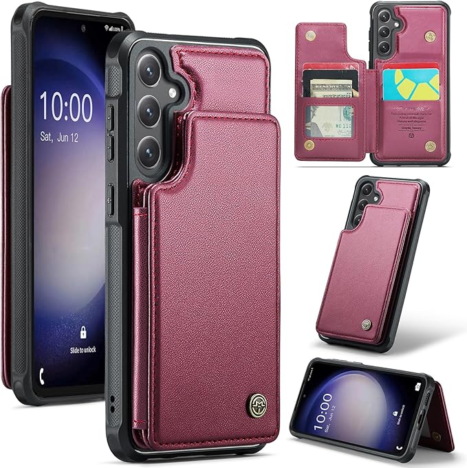 Bemal for Samsung Galaxy S23 FE Wallet Case with Card Holder, RFID Blocking, Shockproof Leather Kickstand for Men and Women, Durable Protective Phone Cover for 6.4", Wine Red