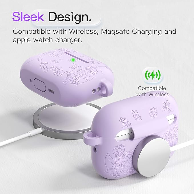 for AirPods Pro 3 Case (2025) DamonLight Daisy Floral Engraved Shockproof Protective Soft Silicone Case Cover with Cleaning Pen and Keychain for Apple Airpods Pro 3rd Generation (Purple)