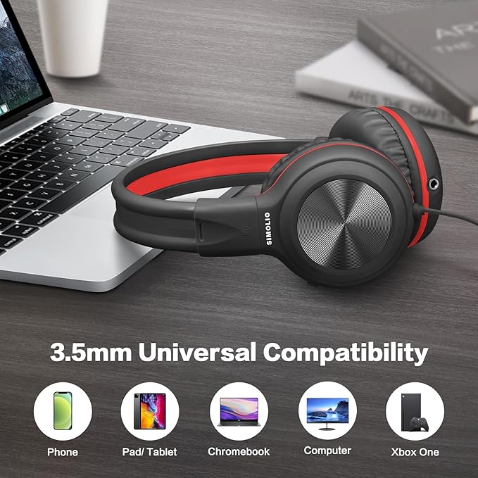 SIMOLIO Kids Wired Headphones with Microphone, Boys Headphone with Volume Limiter & Share Jack, Headset with Cord for School, Laptop, Tablet, PC, Airplane, Teens, Adults (Black)