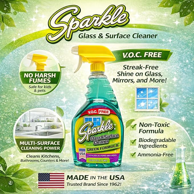 Sparkle Glass & Window Cleaner Spray, VOC-Free Eco Formula, Streak-Free Finish for Windows & Mirrors, 33.8 fl oz (Pack of 6)