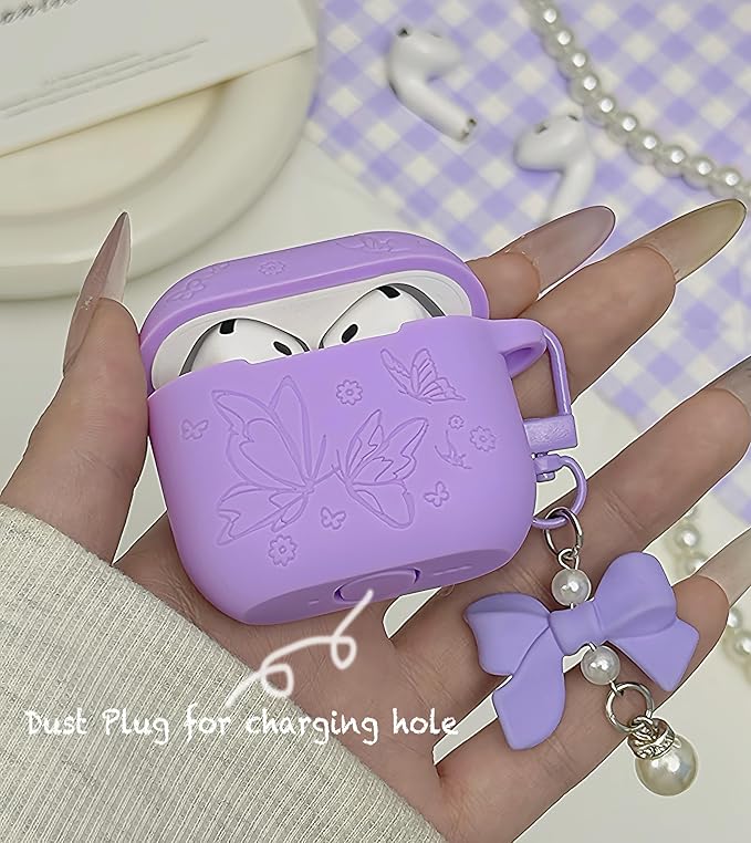 for Airpods 4 Case Cover with Bow Keychain, DamonLight Cute Flower Floral Engraved Silicone Protective Case Cover Compatible with Apple Airpods 4 Case 2024 for Women and Girls, Purple