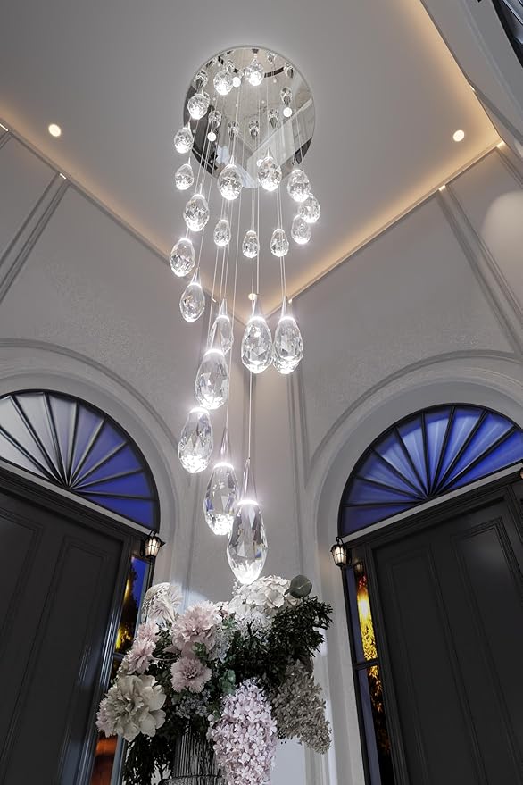 26-Lights Large Chandelier for High Ceiling Silver Crystal Pendant Light Fixture Extra Large Chandelier for Staircase Foyer Villa Living Room