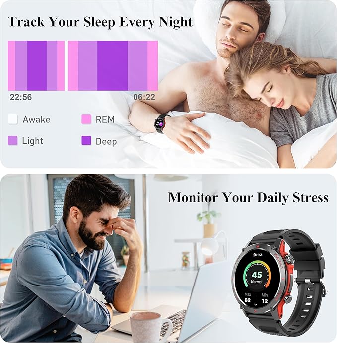 Popglory Smart Watch, 1.43''AMOLED 45mm Military Smartwatch Men Women Answer/Make Call, Digital Fitness Watch, 110+ Sports, Blood Pressure, Heart Rate, Stress Monitor Sports Watch for Android or iOS