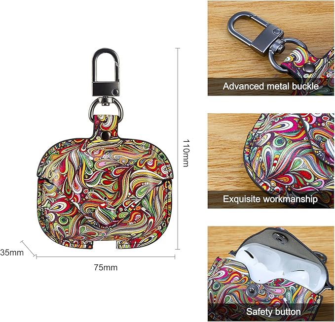 Genuine Leather Case Compatible with AirPods Pro Case 2nd/1st Gen (2023/2022/2019), VOMA Protective Cover for Apple AirPods Pro 2/Pro Wireless Charging Case with Keychain and Snap Lock Paisley